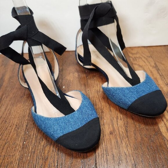 J. Crew Denim and Black Lace Up Ballet Flats - Picture 3 of 9